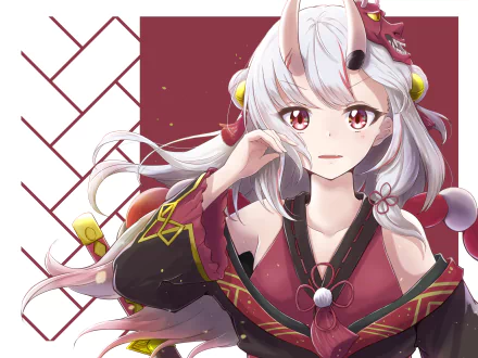 Anime-style 4K Ultra HD wallpaper featuring Nakiri Ayame from Hololive with white hair, red eyes, and horns in a detailed virtual YouTuber design.