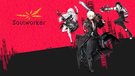 Dynamic SoulWorker game characters on a red and black HD desktop wallpaper showcasing action poses with game logo.