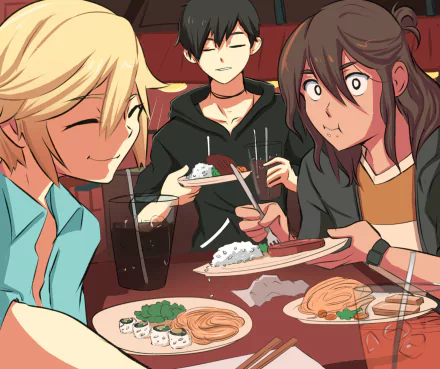 brown hair black hair blonde food Basil (Omori) Sunny (Omori) Kel (Omori) video game OMORI HD Desktop Wallpaper | Background Image