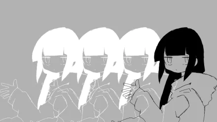 Minimalist HD anime wallpaper in inabakumori style: grayscale repeats and one dark-haired, melancholic Vocaloid girl with a sad, distant expression.