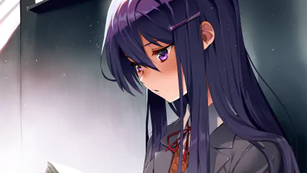 HD PC desktop wallpaper featuring Yuri from the video game Doki Doki Literature Club!, depicted reading under soft lighting with a focused expression.