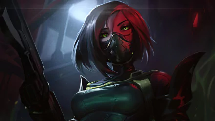 Viper from Valorant striking a fierce pose in this 4K Ultra HD PC desktop wallpaper, showcasing her masked face and glowing green eyes in a dark, atmospheric setting.