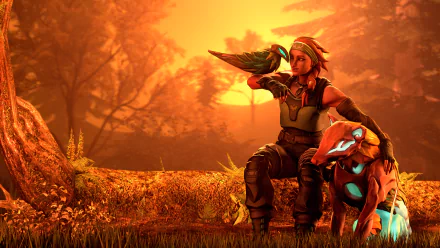 Skye from Valorant sits with a glowing animal companion and a bird perched on her arm in a vivid, warm-toned forest in this 4K Ultra HD PC desktop wallpaper.