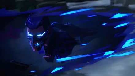 HD PC desktop wallpaper featuring Yoru from the video game Valorant, showcasing his glowing blue mask and dynamic, shadowy energy effects.