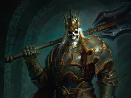 HD PC wallpaper featuring an undead warrior in ornate armor and a crown, wielding a large weapon, from the video game Diablo Immortal.