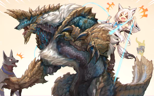 Anime-style HD PC wallpaper featuring Shirakami Fubuki from hololive playfully interacting with a large, armored dragon and two smaller wolf-like creatures.