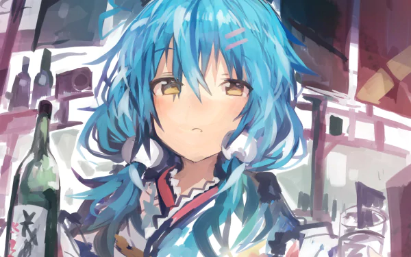 Anime-style 4K Ultra HD wallpaper featuring Yukihana Lamy, a Virtual YouTuber from hololive, with blue hair and a calm expression amidst a bar setting.