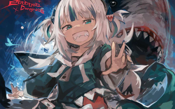 HD desktop wallpaper featuring Gawr Gura, a popular Anime Virtual YouTuber from Hololive, with oceanic elements and vibrant colors.