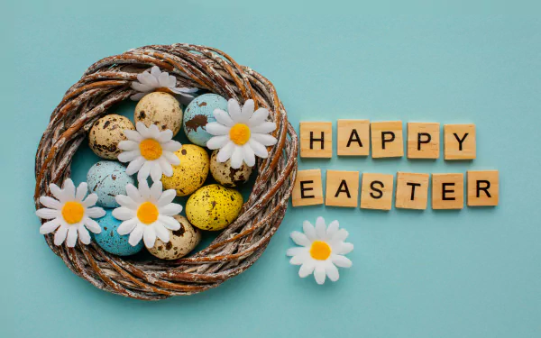 4K Ultra HD Easter desktop wallpaper featuring a wreath with colorful speckled eggs and camomile flowers on a light blue background with Happy Easter spelled out.