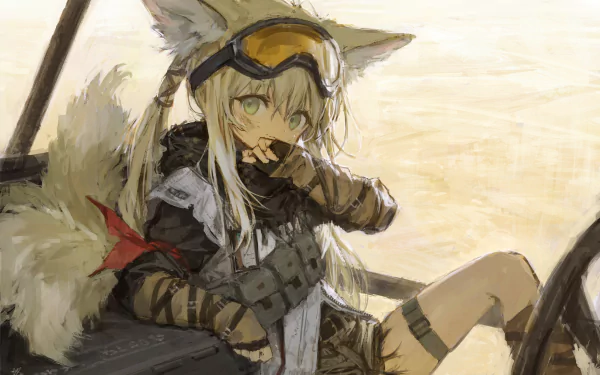 HD PC desktop wallpaper featuring Suzuran from Arknights with animal ears, wearing tactical gear and goggles in a desert-like setting.