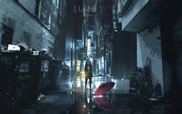 HD anime-themed desktop wallpaper depicting a nighttime street scene with dim lights, wet pavement, and a lone red umbrella in the foreground. The atmosphere is moody and reflective.