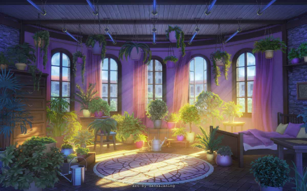 Sunbeam filters through tall windows into an anime-style room filled with hanging and potted plants, creating a warm, lush atmosphere in this HD desktop wallpaper.