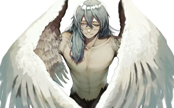 4K Ultra HD anime wallpaper featuring Mahito from Jujutsu Kaisen with blue hair, grey eyes, and large white wings spreading behind him.