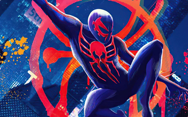 Vibrant 4K Ultra HD desktop wallpaper featuring Spider-Man 2099 in dynamic pose with neon blue and red comic-style background elements.