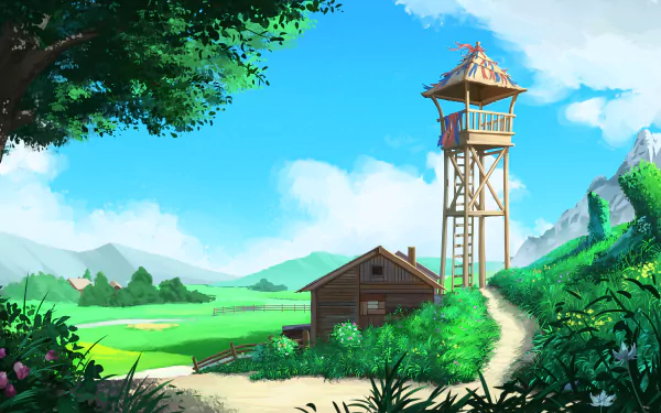 Vibrant 4K Ultra HD anime landscape featuring a wooden hut and tall watchtower under a bright blue sky with lush greenery surrounding the scene.