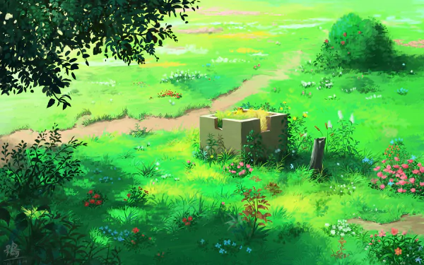 Anime landscape featuring a lush, green meadow with vibrant flowers and a stone well, rendered in stunning 4K Ultra HD as a PC desktop wallpaper.