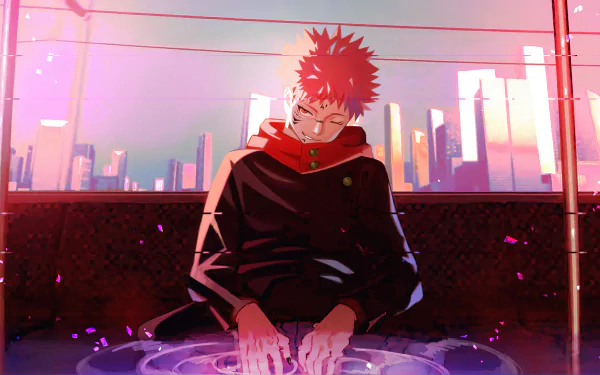 HD desktop wallpaper featuring Sukuna (Jujutsu Kaisen) in the body of Yuji Itadori. The anime character is depicted in the foreground with a vibrant cityscape in the background.