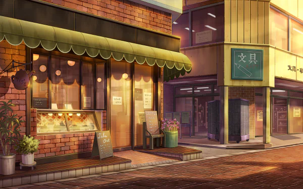Anime shop 2K Quad HD PC desktop wallpaper/background showing a cozy evening street with a brick storefront, lit display window, green awning, potted plants and neighboring shops.