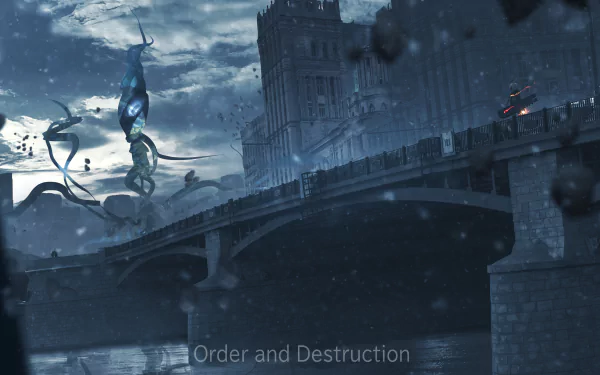 Anime-style 4K Ultra HD desktop wallpaper featuring a dark, rainy scene of a bridge with eerie creatures and a looming gothic building in the background.
