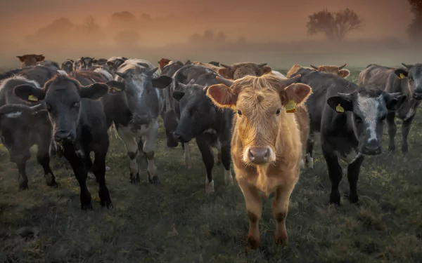 A herd of cows standing on a grassy field at sunset, captured in stunning 4K Ultra HD detail for a PC desktop wallpaper background.