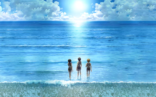 HD desktop wallpaper featuring Armin Arlert, Mikasa Ackerman, and Eren Yeager from Attack on Titan standing by the ocean under a sunlit sky.
