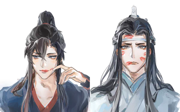 5K Ultra HD anime desktop wallpaper: side-by-side portraits of Wei Wuxian (playful smirk) and Lan Wangji (reserved, blushing) from Mo Dao Zu Shi.