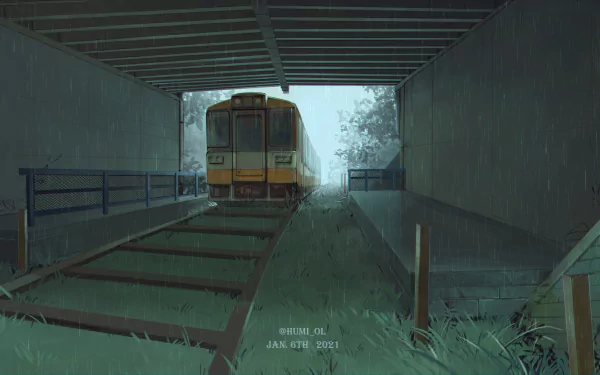 Anime-style HD desktop wallpaper depicting a train on rain-soaked tracks beneath a bridge, blending urban and natural elements in a serene, moody scene.