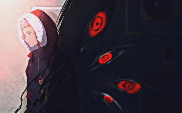 Yuji Itadori from the anime Jujutsu Kaisen stands against a wall, wearing a hooded jacket, with menacing red eyes subtly appearing in the background, creating a captivating HD wallpaper.