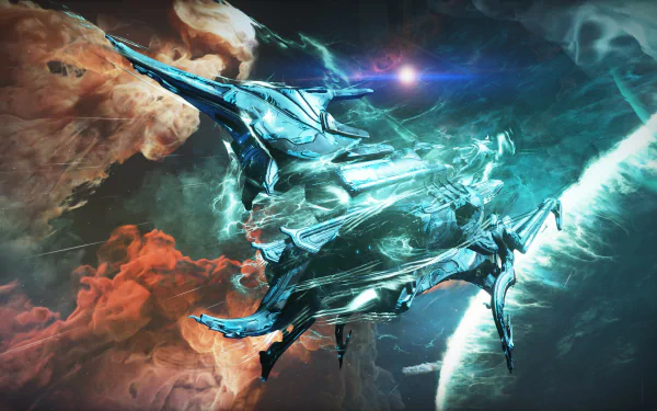 4K Ultra HD PC desktop wallpaper — video game Warframe: sleek armored craft glides through teal and orange nebula with radiant energy trails and a ringed planet against a starfield.