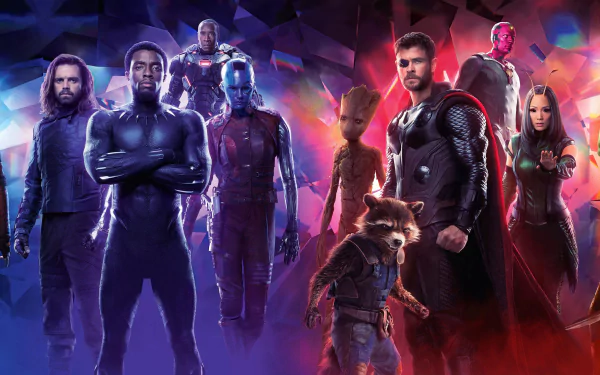 4K Ultra HD PC desktop wallpaper featuring key Avengers: Infinity War characters including Thor, Rocket, Groot, and Black Panther in a vibrant, dynamic scene.
