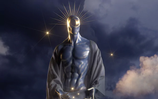 Sci-fi creature: muscular metallic humanoid with a radiant golden halo and floating star lights, draped in a dark cloak against stormy clouds — 8K Ultra HD PC desktop wallpaper/background.