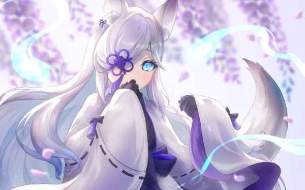 Kasumi from Azur Lane depicted in detailed anime style with flowing white hair and fox ears, set against a vibrant, ethereal background in 4K Ultra HD.