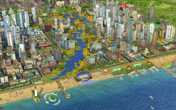 HD desktop wallpaper of SimCity BuildIt featuring a bustling virtual cityscape with skyscrapers, waterways, and a beachfront.
