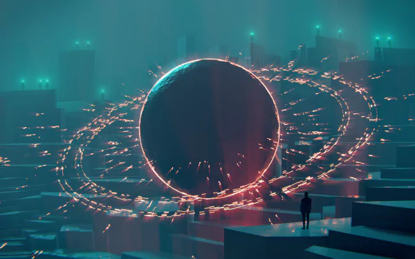 A futuristic sci-fi structure glows with neon rings above a cityscape, captured in HD detail for a PC desktop wallpaper background.