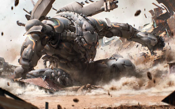 HD sci-fi mech in dynamic battle pose amid debris, designed as a striking PC desktop wallpaper background.
