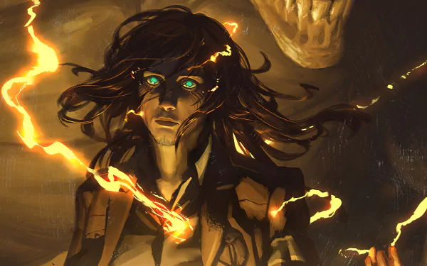 Eren Yeager from Attack on Titan with glowing eyes and fiery energy, illustrated in a dynamic anime style, featured in a 4K Ultra HD PC desktop wallpaper.