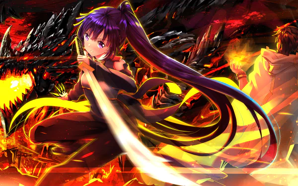 Anime HD wallpaper featuring a fierce purple-haired character with purple eyes wielding a sword, set against a fiery background with a dragon. Characters Shiroe and Akatsuki from Log Horizon are seen in action.