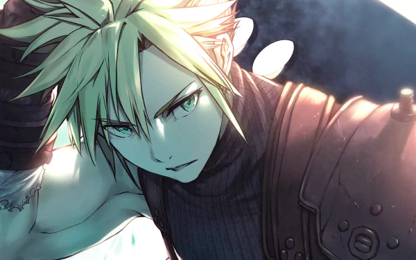 Cloud Strife from Final Fantasy VII Remake is depicted in this detailed 4K Ultra HD PC desktop wallpaper, showcasing his intense gaze and iconic spiky hair.