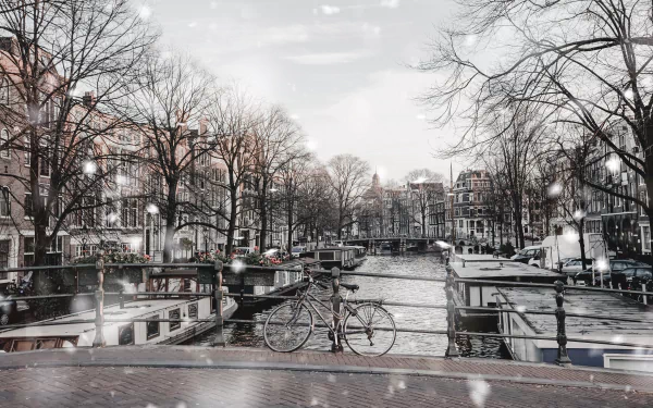 4K Ultra HD view of a peaceful Amsterdam canal lined with historic buildings and leafless trees, featuring a bicycle resting against a railing on the bridge.
