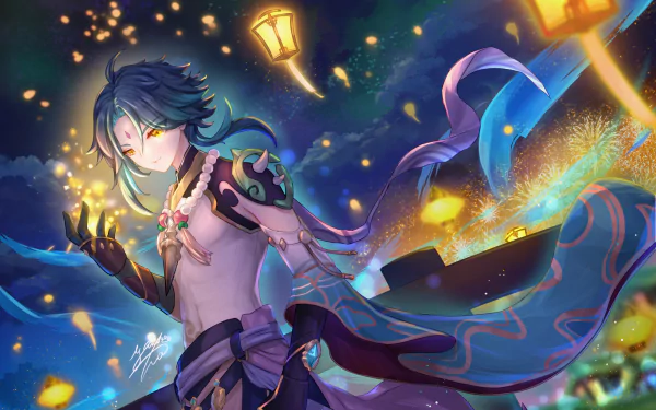 HD PC wallpaper of Xiao from Genshin Impact, surrounded by glowing lanterns during the Lantern Rite festival, featuring vibrant colors and dynamic lighting.