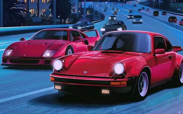 4K Ultra HD PC desktop wallpaper featuring vibrant red sports cars racing on a highway at night, showcasing sleek vehicles and dynamic motion in an urban setting.