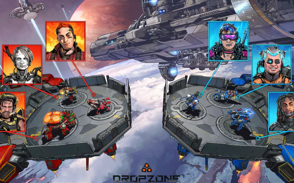 HD desktop wallpaper featuring characters and gameplay from Dropzone with a dynamic, futuristic battlefield in the sky.