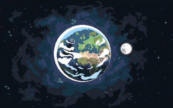 A pixel art depiction of Earth surrounded by space, featuring vibrant colors and details, presented as a stunning 4K Ultra HD desktop wallpaper and background.