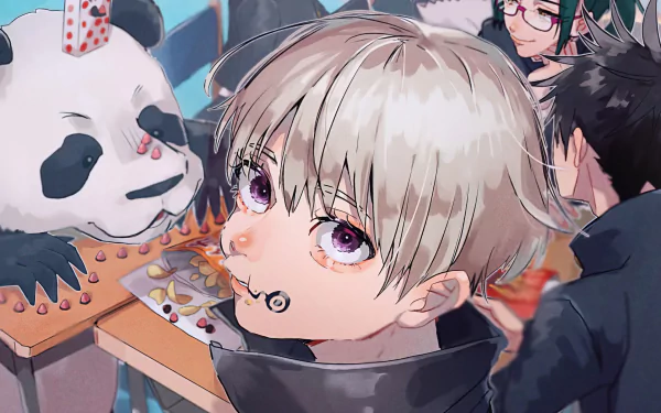 This HD wallpaper features Toge Inumaki with purple eyes and white hair, alongside Panda, Maki Zenin, and Megumi Fushiguro from the anime Jujutsu Kaisen, in a lively scene.