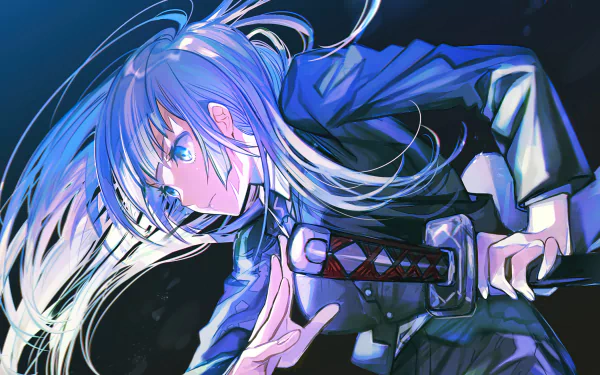 HD desktop wallpaper featuring Kasumi Miwa from Jujutsu Kaisen. The anime character has long blue hair, blue eyes, and is wearing a school uniform, depicted in a dynamic pose with an intense expression.