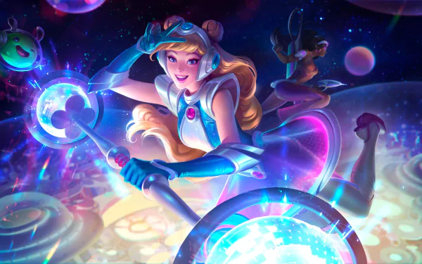 HD PC desktop wallpaper featuring Lux and Samira from League of Legends in a vibrant, cosmic-themed video game scene.