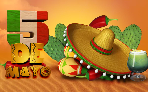 Cinco de Mayo-themed HD desktop wallpaper featuring a colorful sombrero, maracas, and cactus on an orange background.
