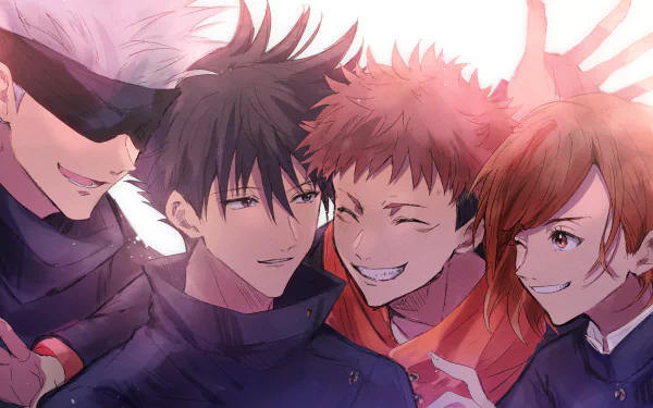HD anime wallpaper featuring Jujutsu Kaisen characters Satoru Gojo blindfolded, Megumi Fushiguro, Yuji Itadori, and Nobara Kugisaki in school uniforms with varied hair colors.