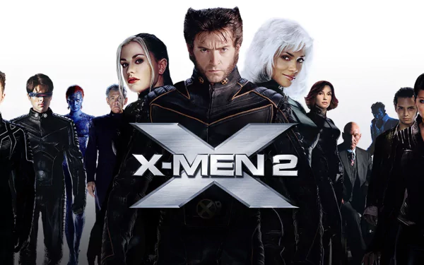 HD PC desktop wallpaper featuring the X-Men 2 movie cast in their iconic uniforms with a bold X-MEN 2 logo centered against a white background.