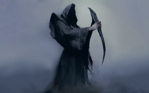 Dark, ominous Grim Reaper cloaked figure holding a scythe, enveloped in mist, rendered in 4K Ultra HD for a striking PC desktop wallpaper and background.